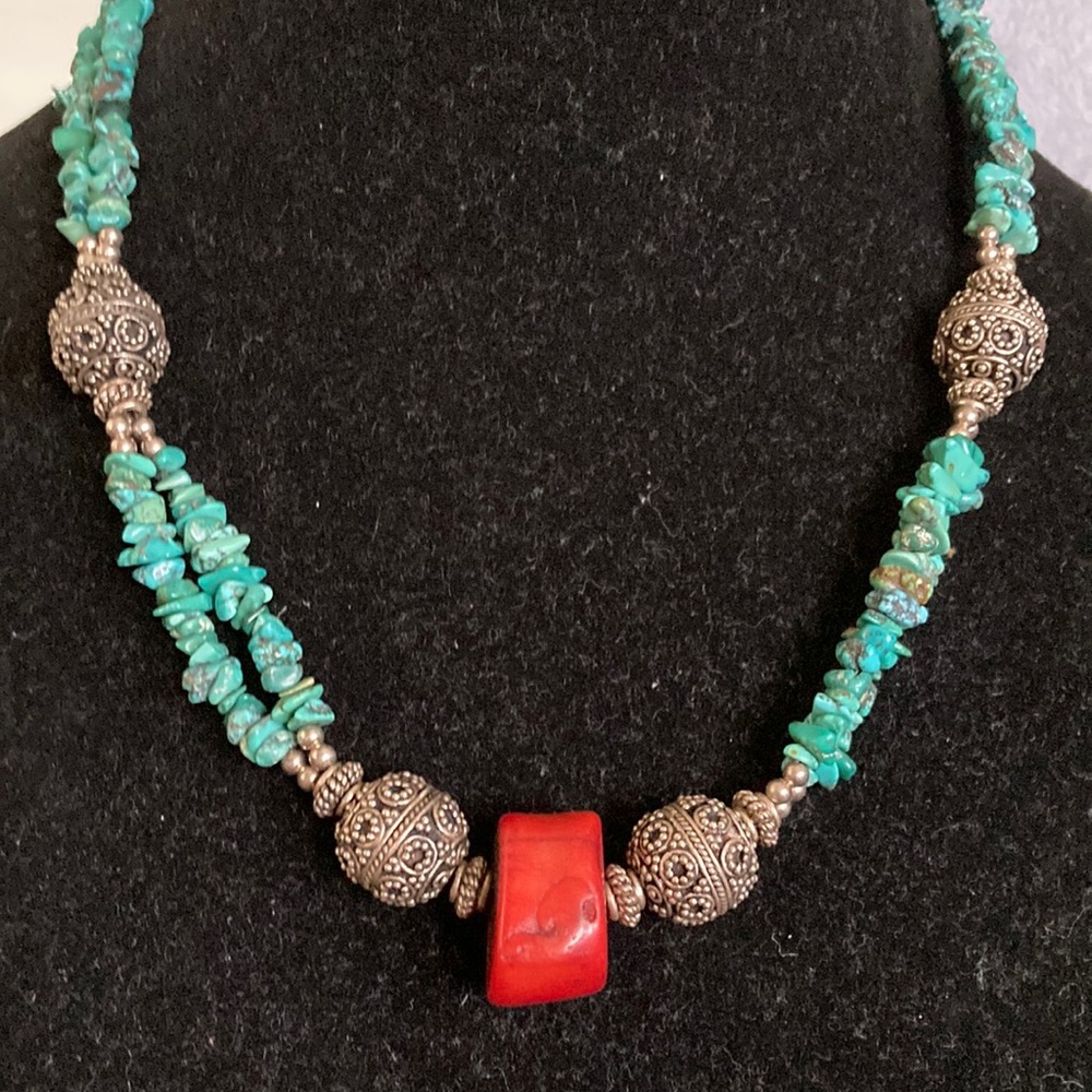 Turquoise with coral red center with antique silver balls necklace